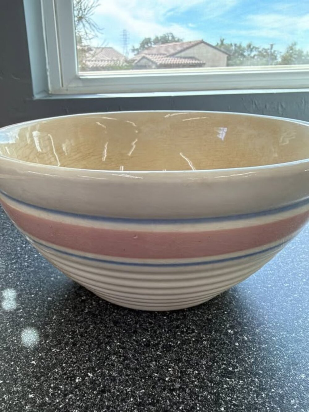Small Vintage Pink & Blue Stripe Stoneware Mixing Bowl – Farmhouse Kitchen Decor